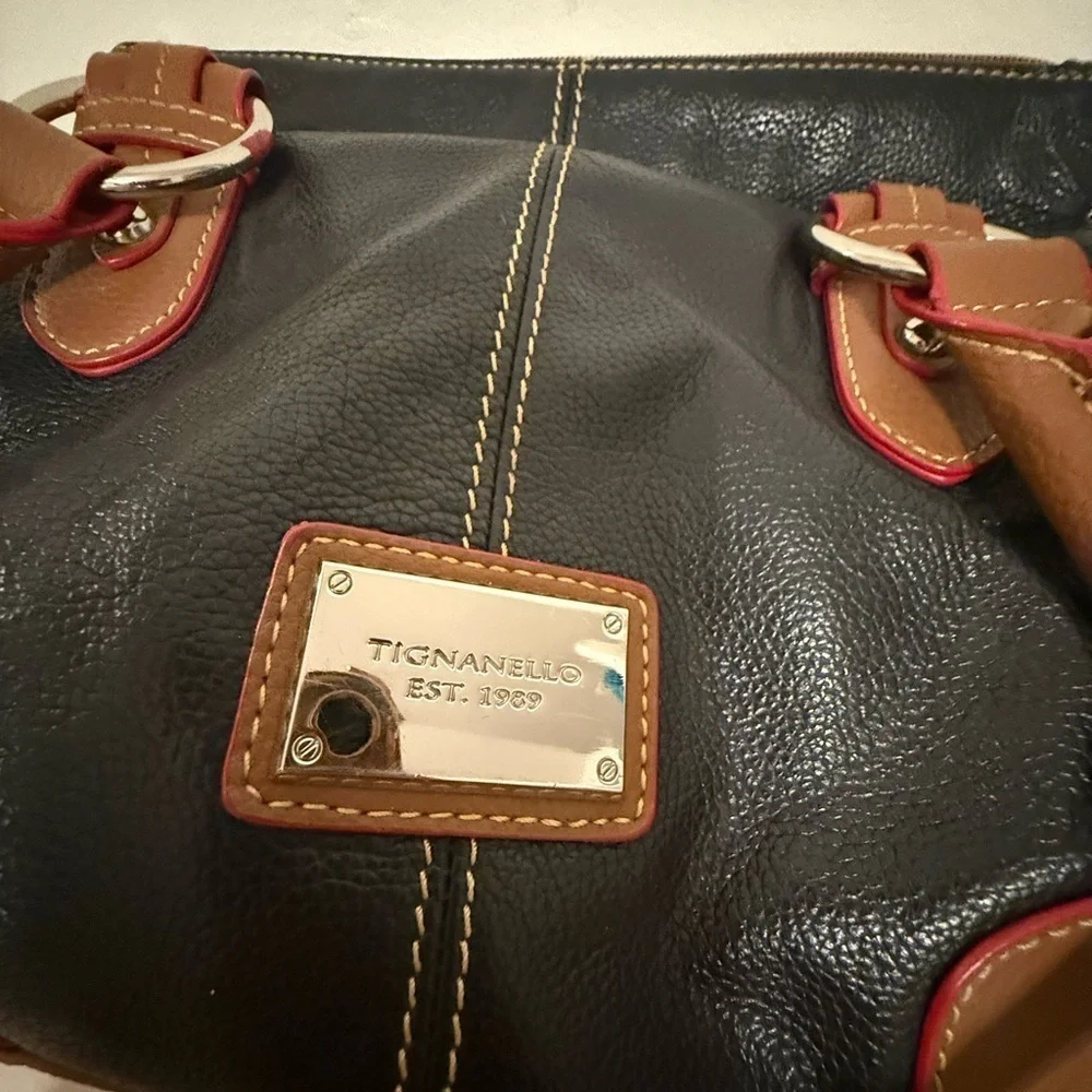 Black Leather Tignanello Purse Brown & Red Trim Silvertone Hardware Handbag